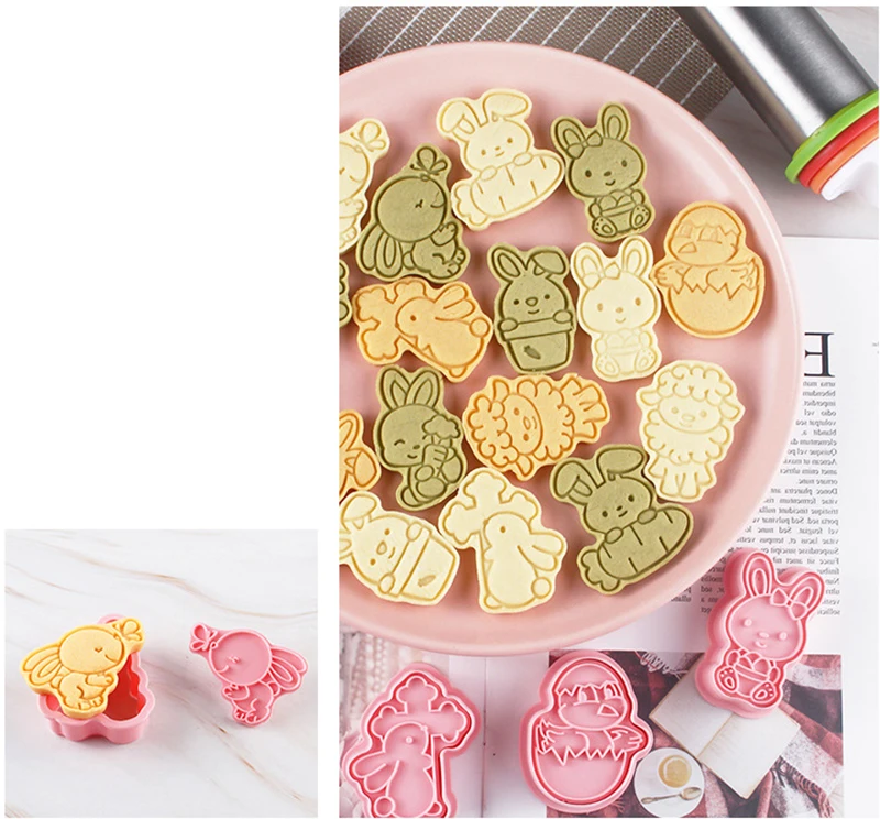 8Pcs/Set Easter Cookie Mold Egg Rabbit Biscuit Cutter Baking Tools Plunger Stamp Die Food Grade Plastic Fondant Cake Tools