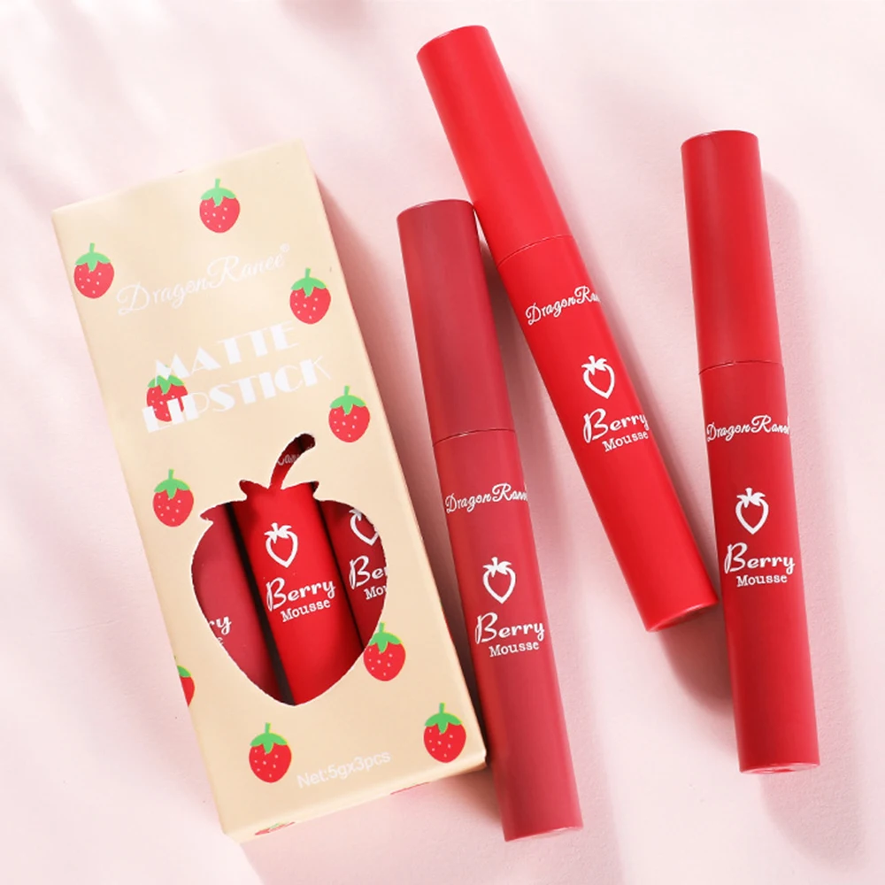 Wholesale 3pcs set Velvet Lip Glaze 3 color Matte Strawberry Lipgloss waterproof long lasting Liquid Lipstick Cute Set for women