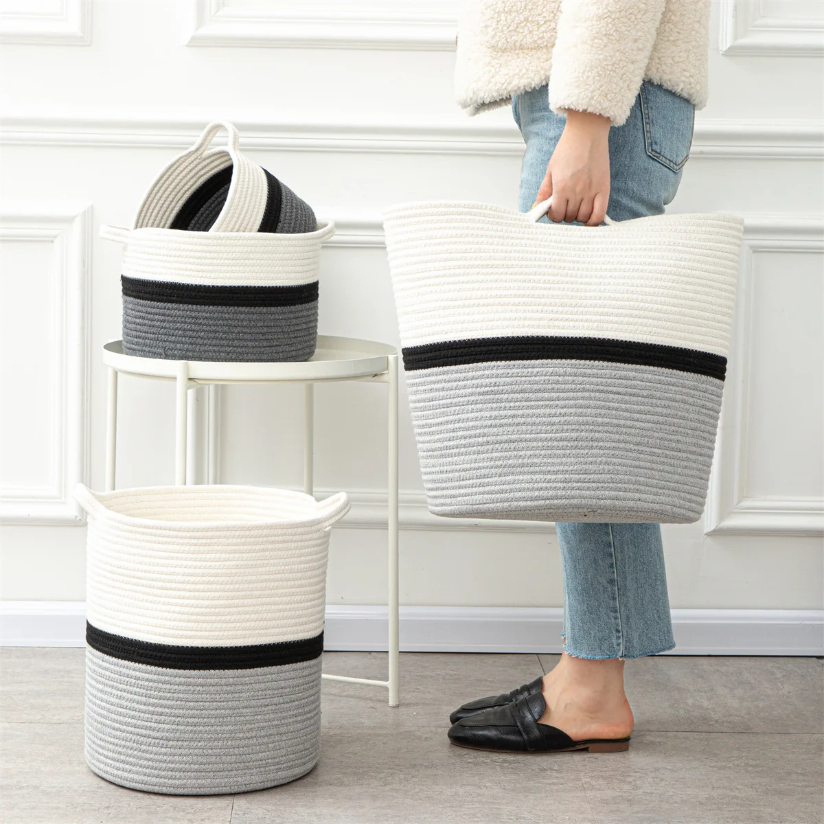 Large Woven cotton rope laundry basket clothes toys foldable cotton rope woven dirty laundry basket with handle