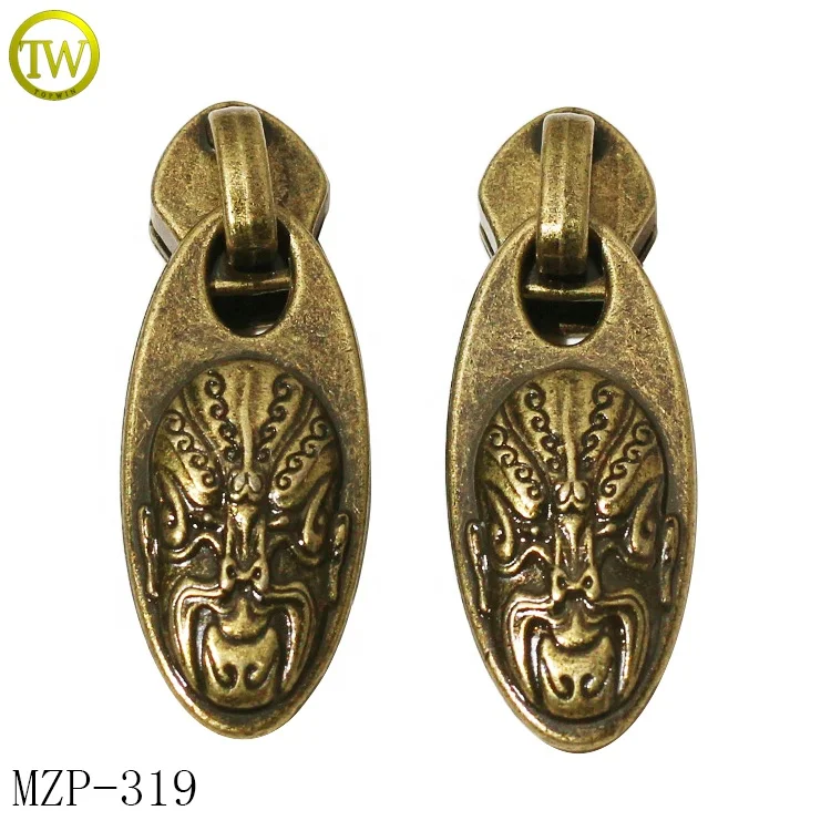 Custom made jacket zipper puller logo blanks antique brass clothing metal nylon head zipper slider tape for handbags