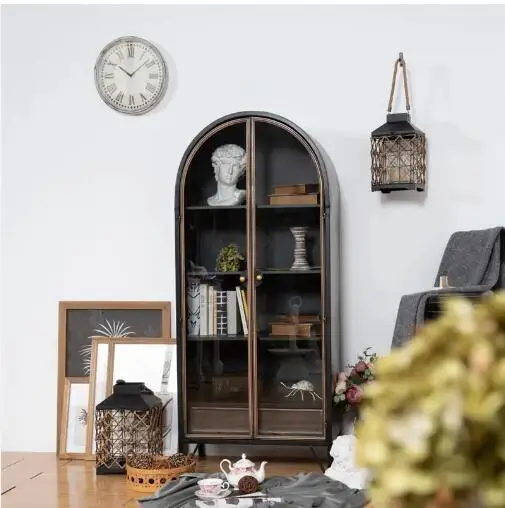 Art crafted Shabby Chic Black Dark Storage Arched Display Cupboard Glass Door 3 Shelf 1 Drawer Cabinet Metal Leg Base bookcase