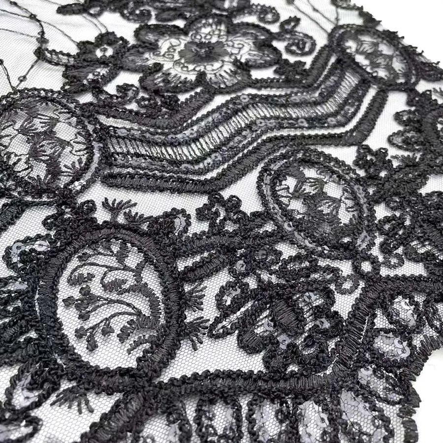 Luxury Black Sequins Rope Embroidery 3 in 1 Special Cording Embroidery Big Lace Fabric for Women Dress