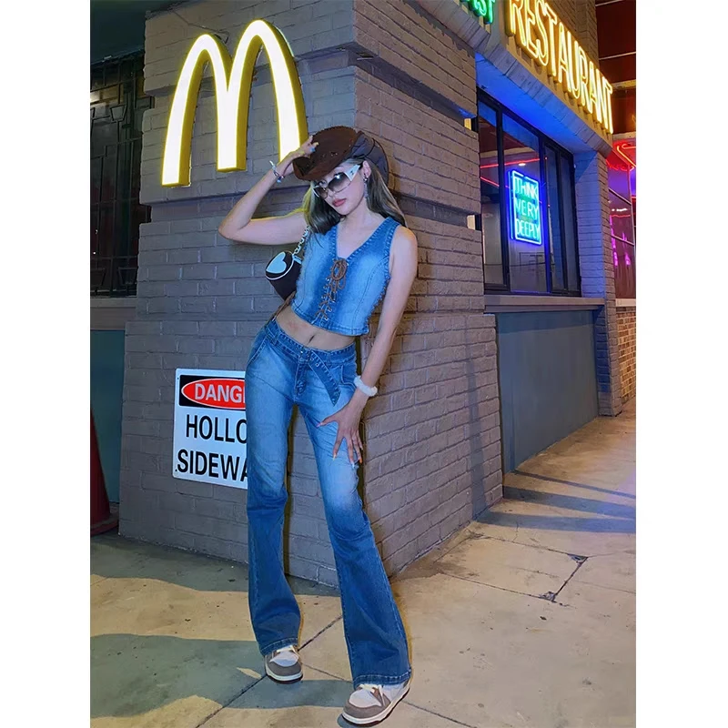 
New Fashion Summer Original Heavy Belt Design Washed Western denim Jeans For Women 