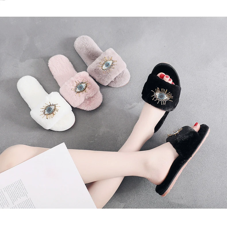Evil Eye Cute Cartoon Plush fuzzy rabbit frog slippers women animal print plush slipper house home female slipper for lady