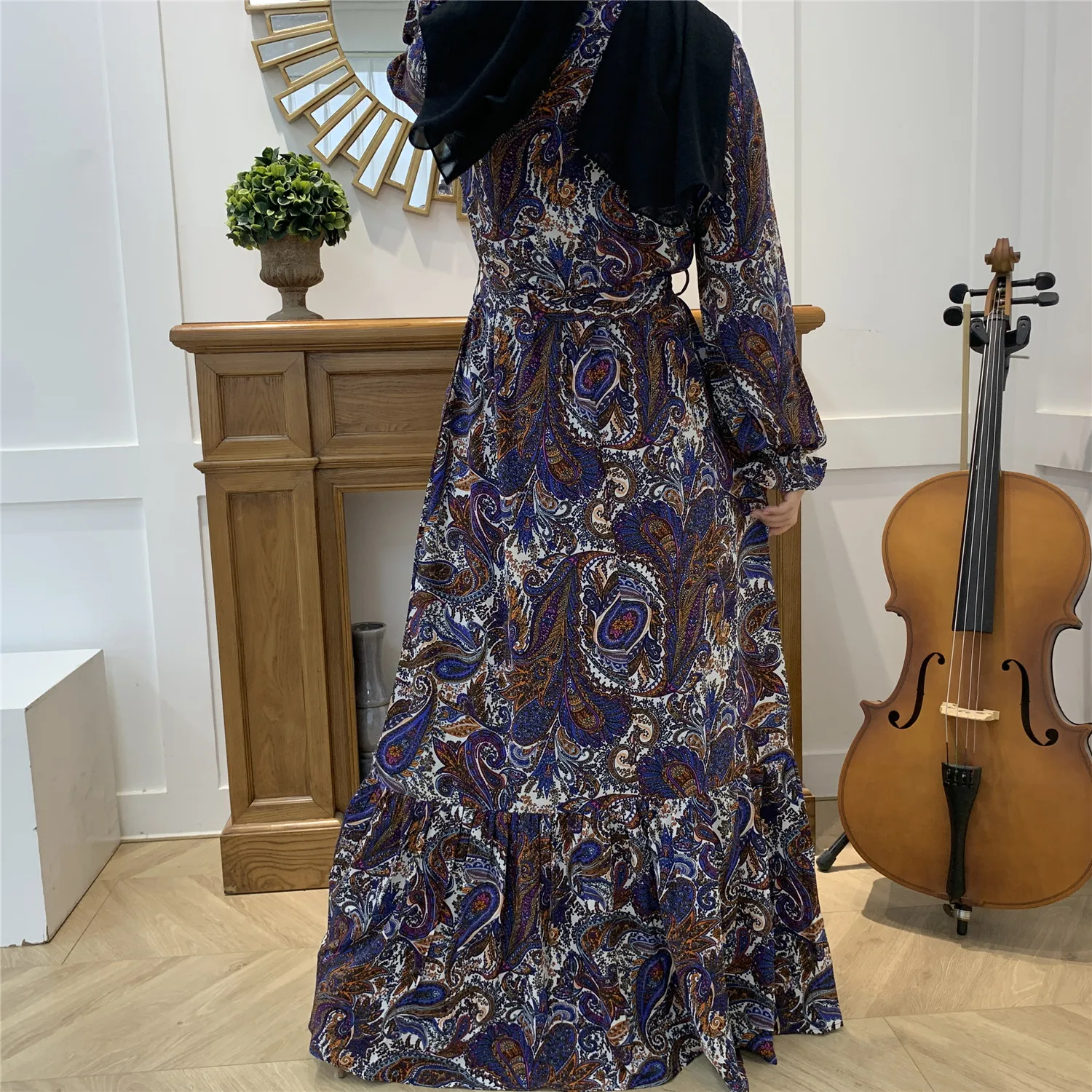 6373#Newest Floral Printed Long Chiffon Islamic Clothing Muslim Abaya Women Maxi Dresses