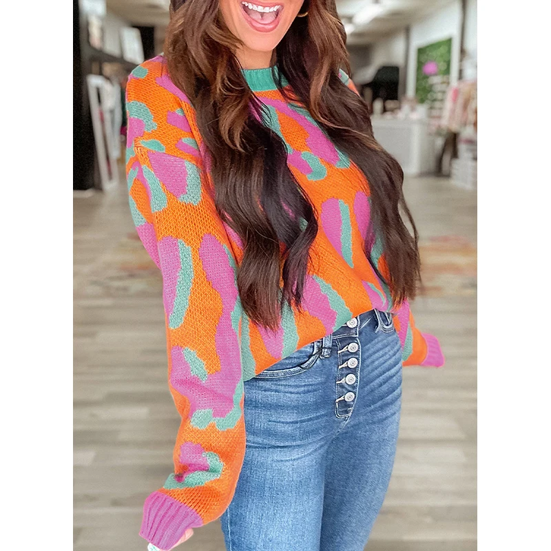 Dear-Lover Wholesale High Quality Women Winter Clothing Fashion Leopard Colorblock Ribbed Edge Knitted Sweater