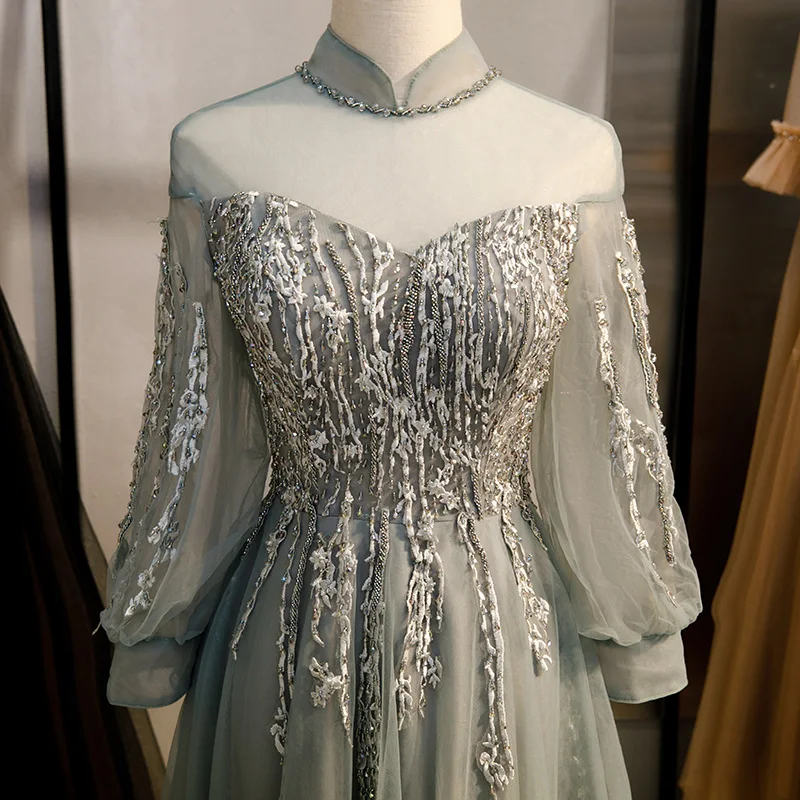 QUEENS GOWN  Stand Collar Long Sleeve Embroidery Soft Tulle A-line Princess Prom Dress