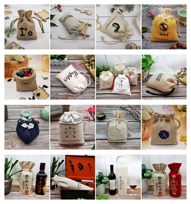 Eco promotional Ribbon customized printing  logo Calico bag organic  cotton canvas bag with drawstring for bottle