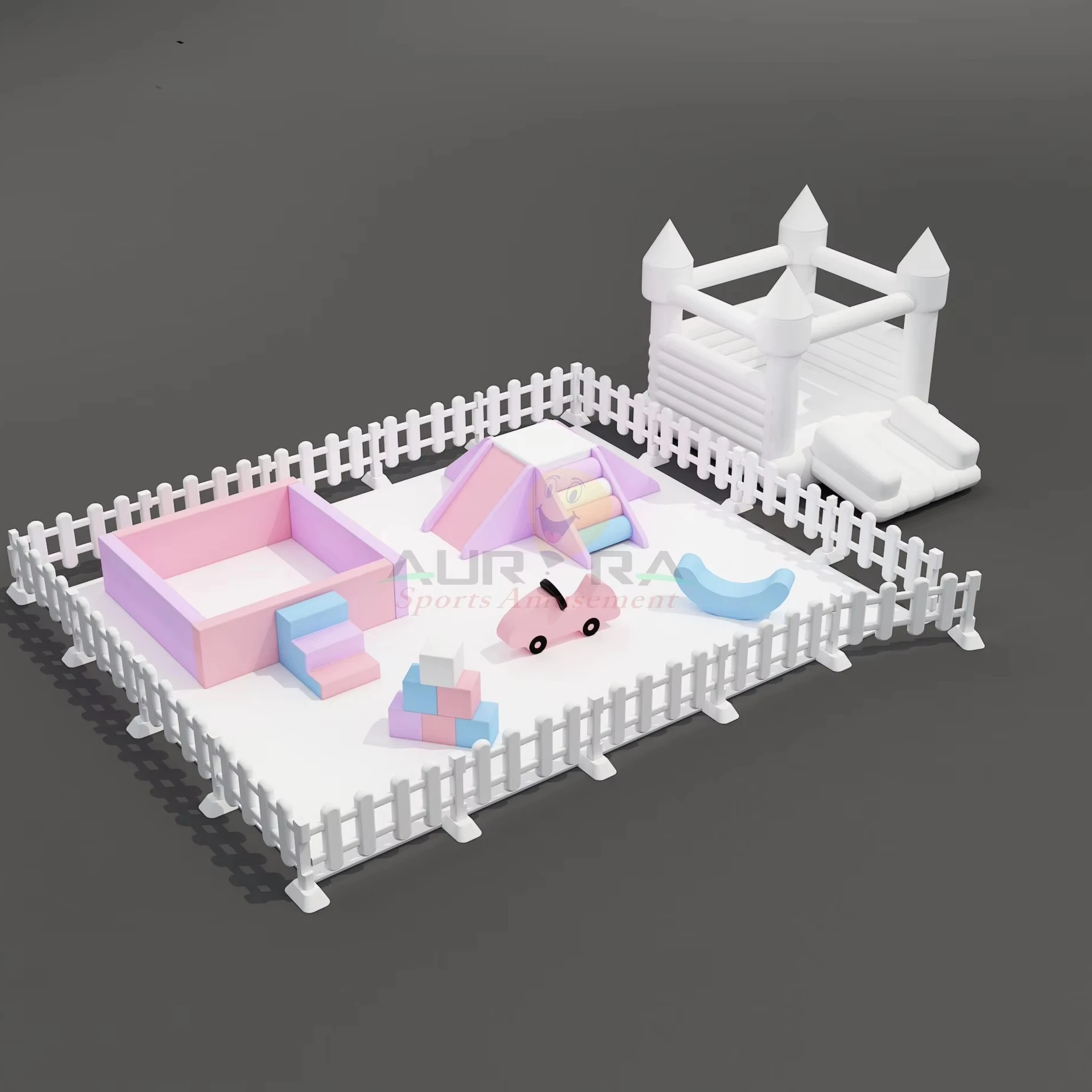 Hot sale customized Kids Indoor Playground Outdoor Party Rental Equipment Climbers and Soft car with white bouncy castle