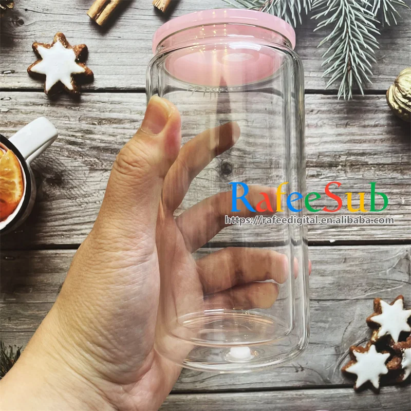 USA Warehouse 16oz 16 oz Pre-drilled Hole Double Wall Blank Sublimation Snow Globe Snowglobe Glass Beer Can with Color Lid Straw