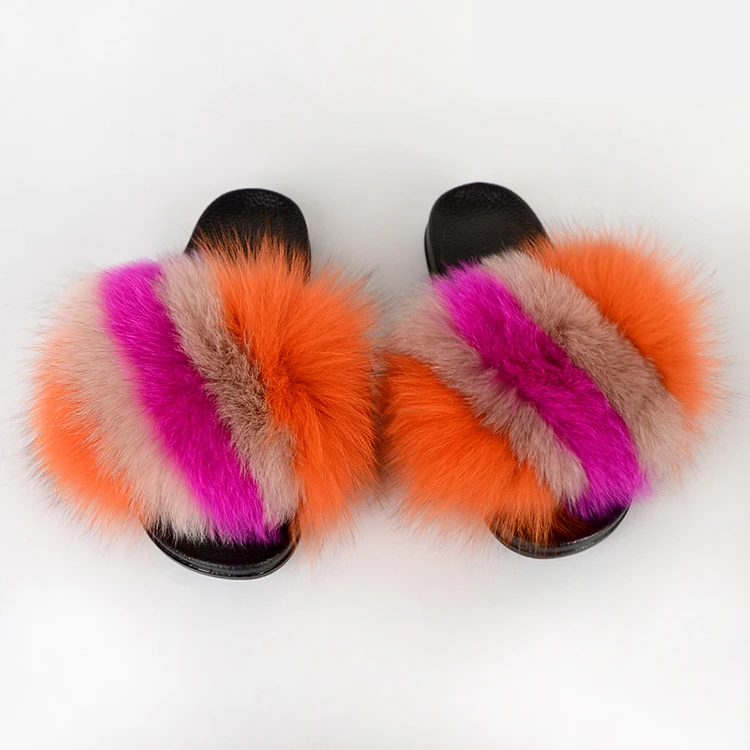 fur slippers with customized logo real  fox fur slides very beautiful  women and baby sets