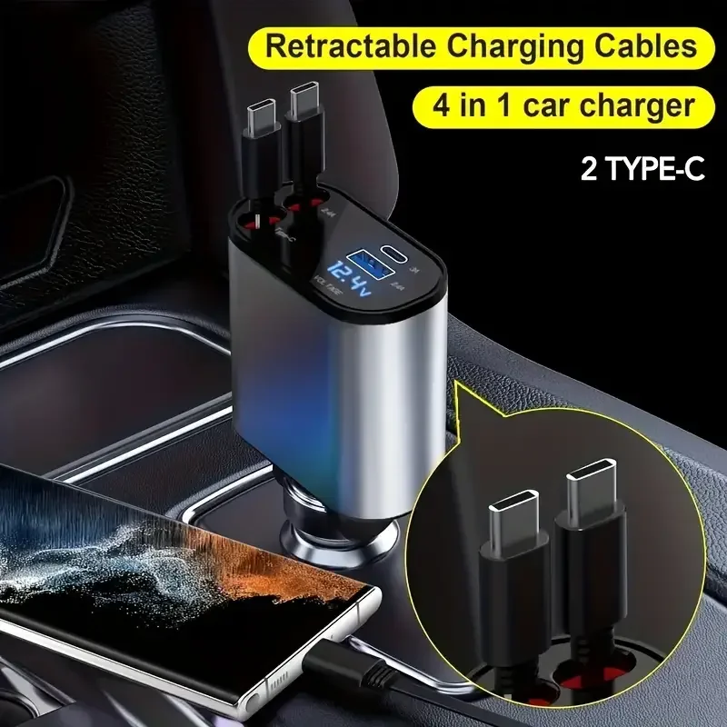 4 in 1 Car Fast Charger 100W for iPhone and Type C Retractable Cables and 2 Charging Ports Retractable Car Charger