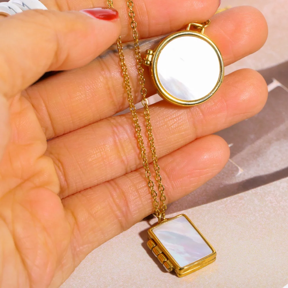 White Mother of Pearl Stainless Steel Minimalist Geometric Photo Locket Designs Pendant Necklace for Girls