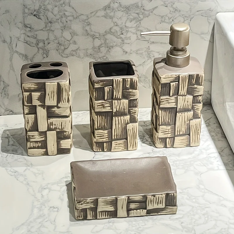 Ceramic Wave Gold Bathroom Accessories Luxury Set Home Decor Gift Stones Soap Dish Hand Soap Dispenser Toothbrush Holder Kit