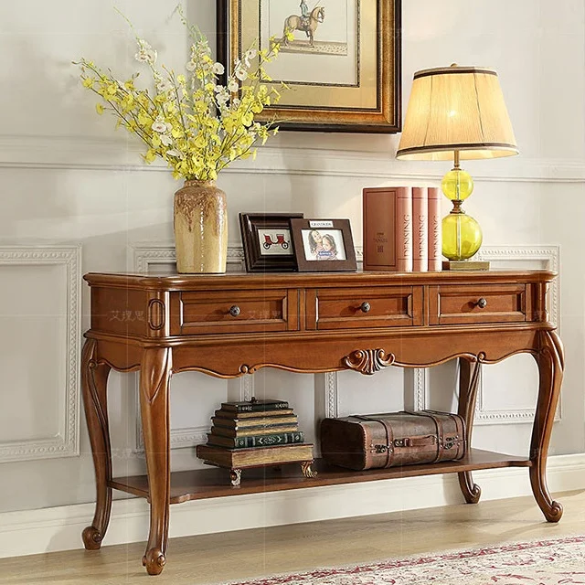 Роскошный китайский консольный стол/стол с 3 ящиками и 1 полкой, резной дизайн, коричневый, для гостиной