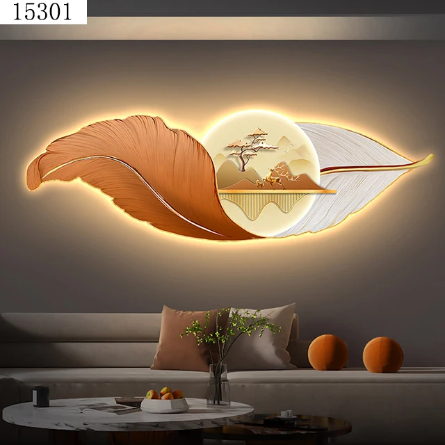 Feather mural with light diamond paintings laser engraving crystal porcelain painting wall art home decor