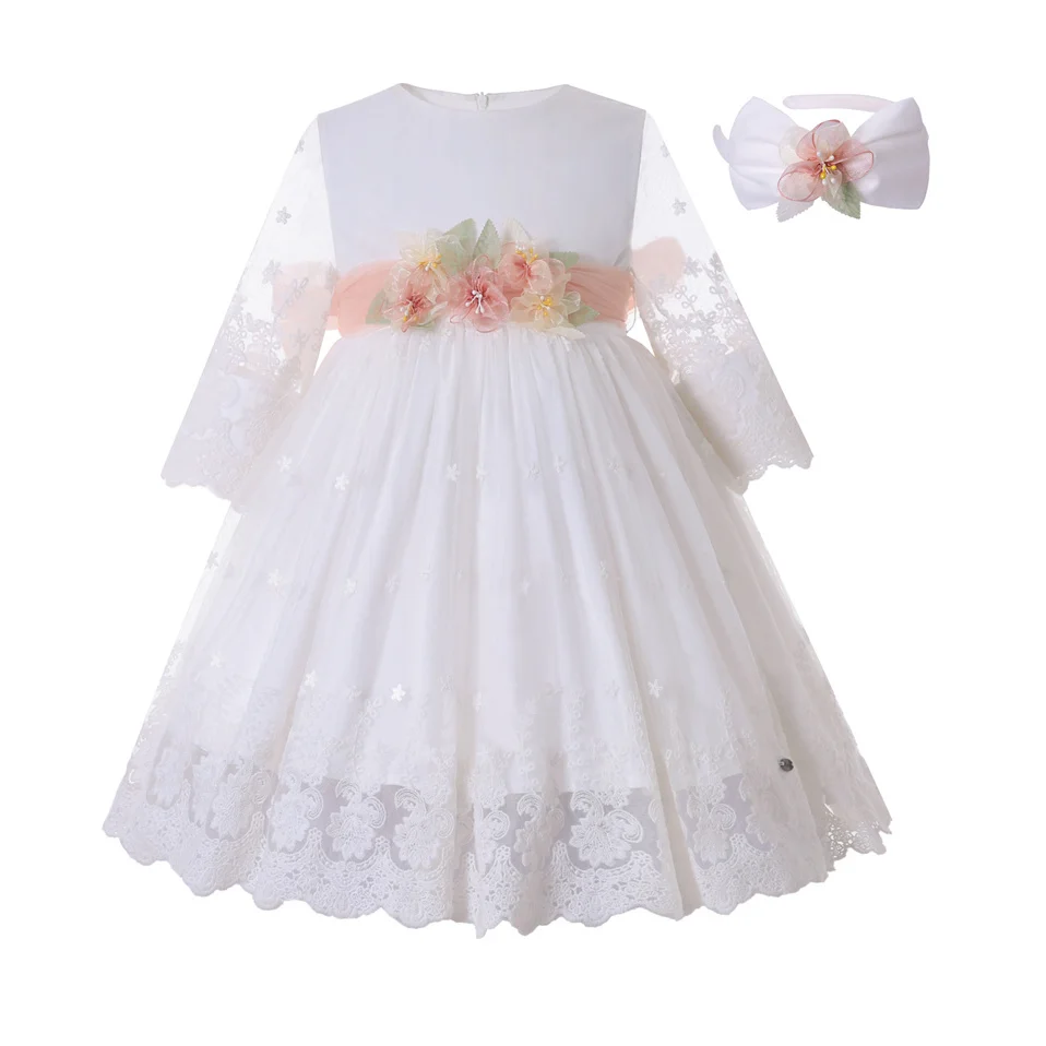 Pettigirl Ready to Ship White Girl Tulle Muslim Dresses for Kids Boutique Wear 2-14Y