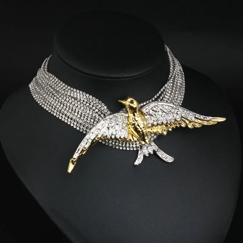 QS New Trend Multilayer full Rhinestone Glass Swallow Bird Pendant Necklace Wedding Luxury Shiny Jewelry Women Accessories