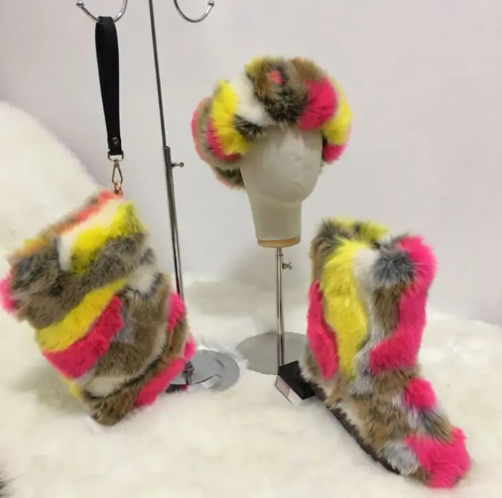 Fur Faux Women Matching Handbag conjunto de botas Fur Winter Woman And Purse Ankle Multicolor Furry Little Girl Mommy Boots Sets