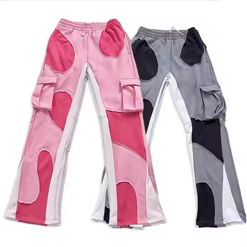 Rainbow Spray Custom French Terry Cotton Sweatpants Embroidered Patch Pants Jogger Cut And Sew Flare Sweat Sweatpants