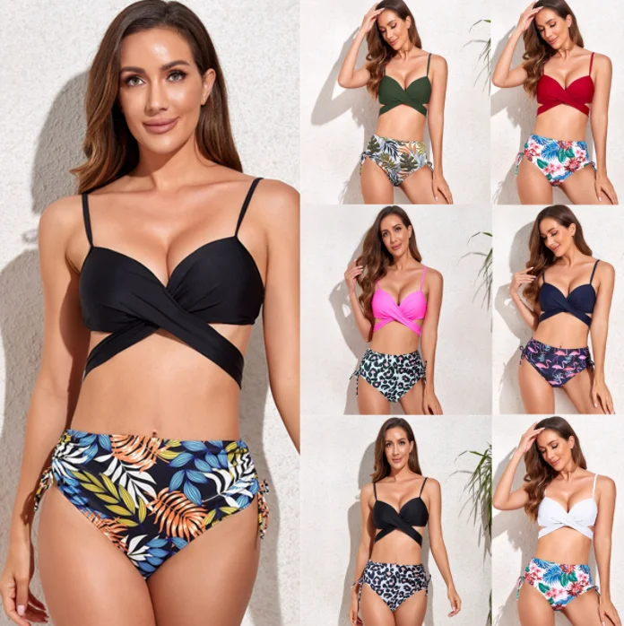 2022 Popular Split BikiniSwimsuit Solid Color New Female Bikini Foreign Trade Wholesale Bandage Swimsuit