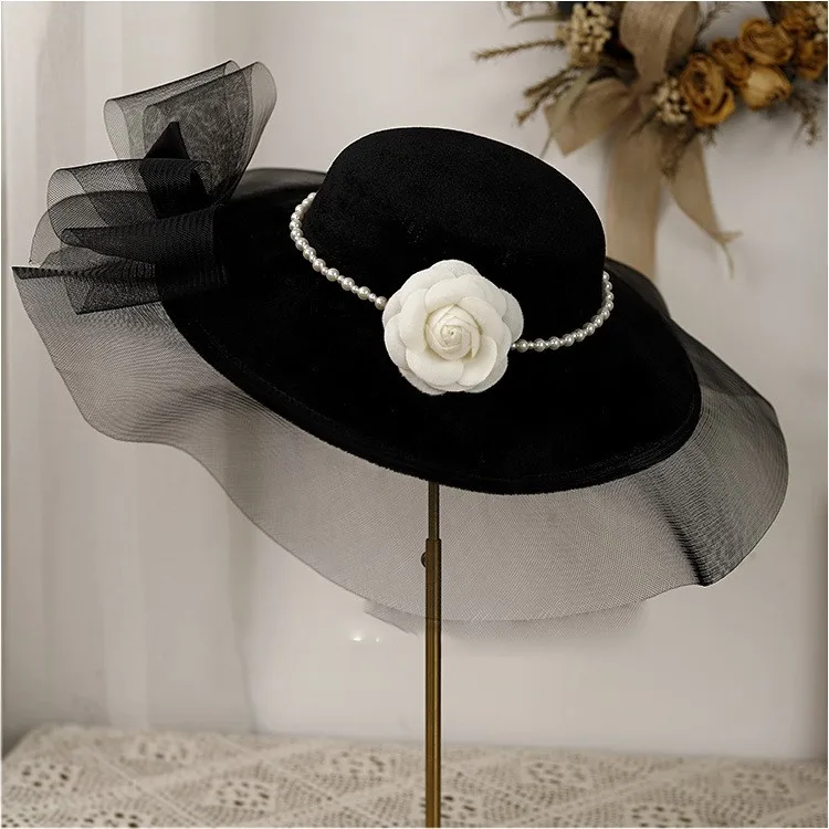 Fashion English French elegant Black velvet ribbon Camellia Hepburn style church and dinner top hat