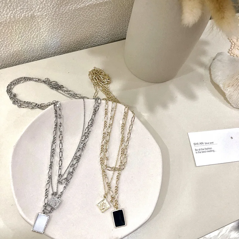 danyuan acrylic black white rectangle square gold metal coin pendant triple layer necklace multi layer korean style necklace