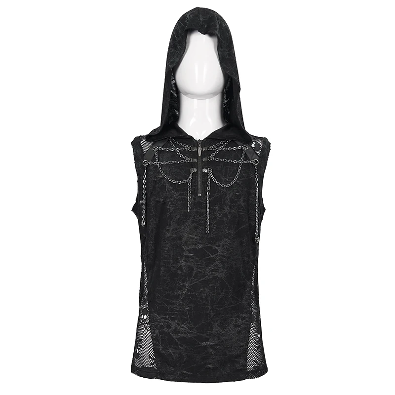 TT201 Devil Fashion Summer good elasticity printed ripped knitted short sleeve men skull black punk Hoodie with chains