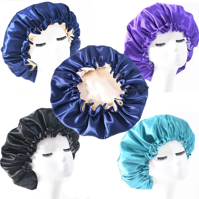 Оптовая продажа атласная двухслойная Регулируемая Шапочка для сна с логотипом на