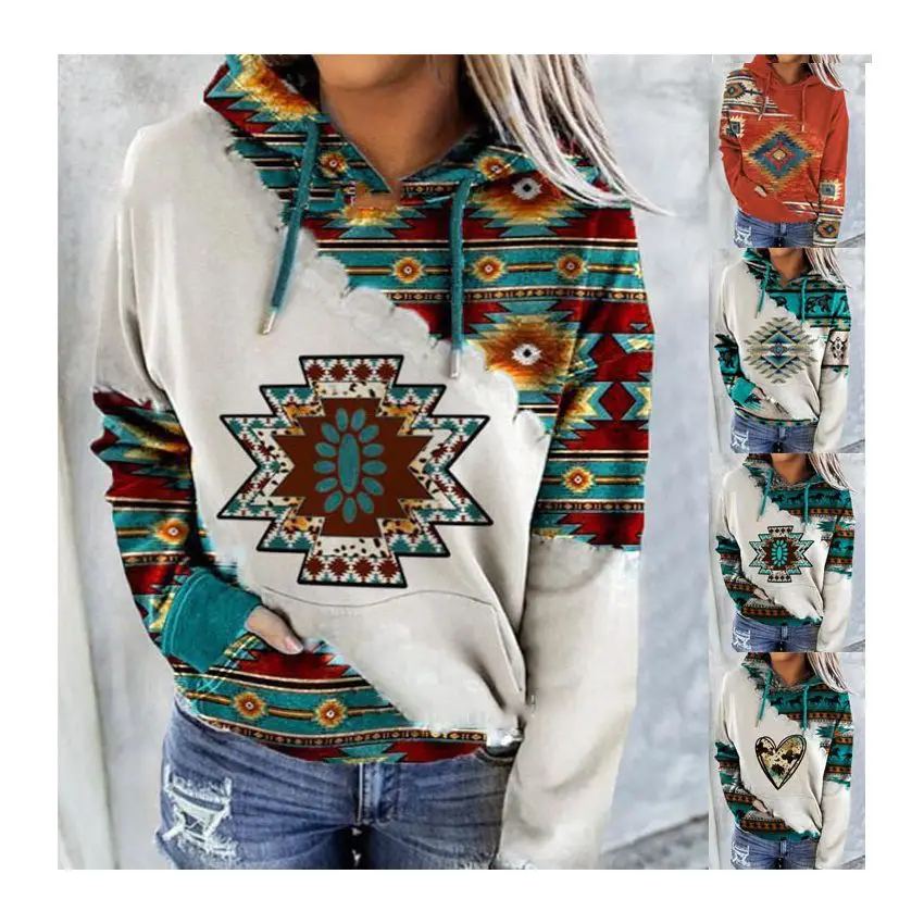 HR111 women pull over pocket pullover sweatshirt tops ethnic clothing native tribal aztec print