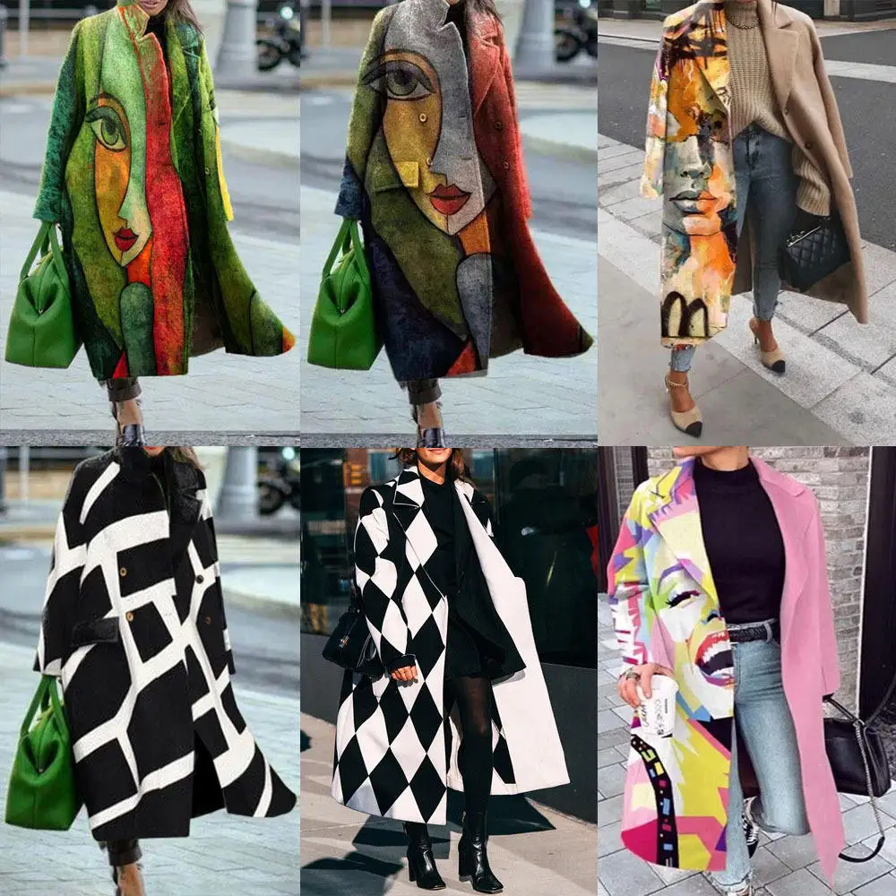 Women Autumn Elegant Abstract Pattern Printed Long Overcoat Winter Casual Long Sleeve Cardigan Jacket Lady Outerwear