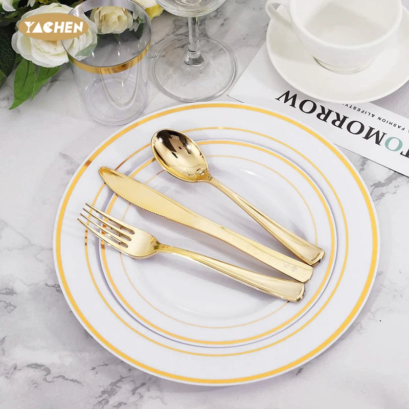 YACHEN Gold Silver Reusable Plastic Plates Disposable Tableware Dinnerware Set for Birthday Wedding Party Supplies Kits