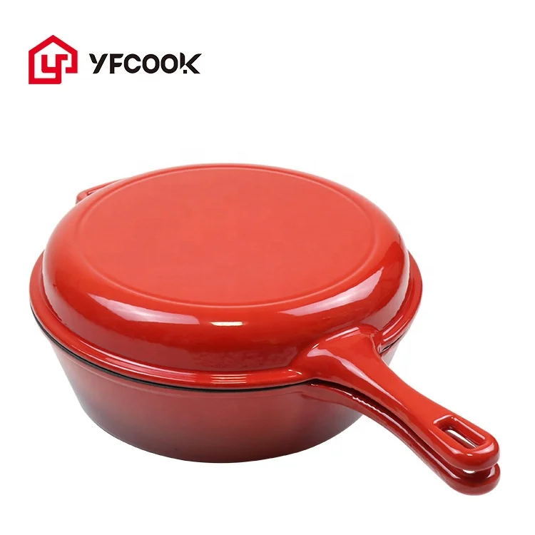 Preseasoned Outdoor 2 in 1 Non stick 27CM Cookware Double Use Dutch Oven Pot Cast Iron Casserole Pot with Long Handle
