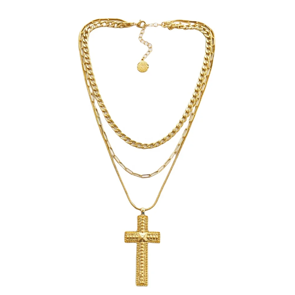 Jewelry wholesale custom big cross necklace fashion multi layer 18k gold plated pendant necklace for women