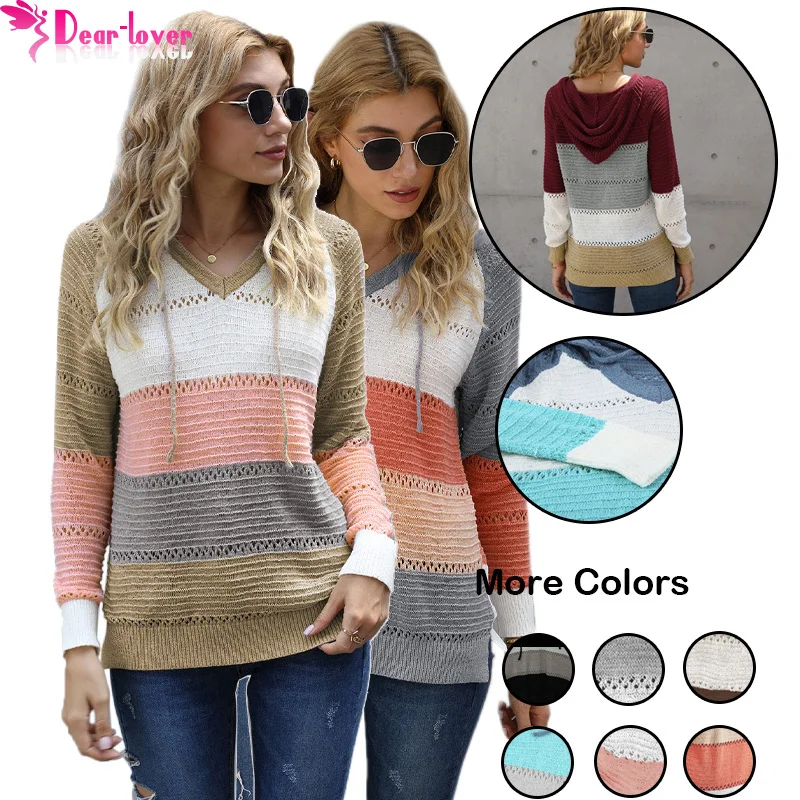 
2021 New Wholesale Winter Fall Women Long Sleeve Striped Knitted Loose Oversized Pullover Hoodie Sweater 