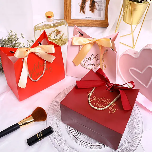 Candy Color Gift Paper Bags Solid Shopping Bag with Handle and Ribbon Wedding Party Favors Festival Big & Small Gift Bags 10pcs