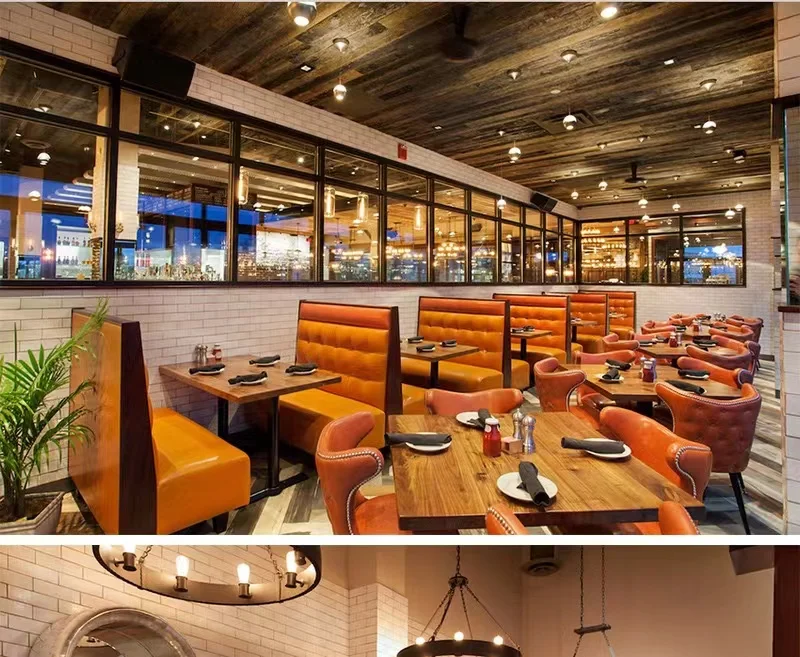 Restaurant Orange Leather Corner Long Booth Seating Bench for Luxury Modern Night Club and Bar Stool
