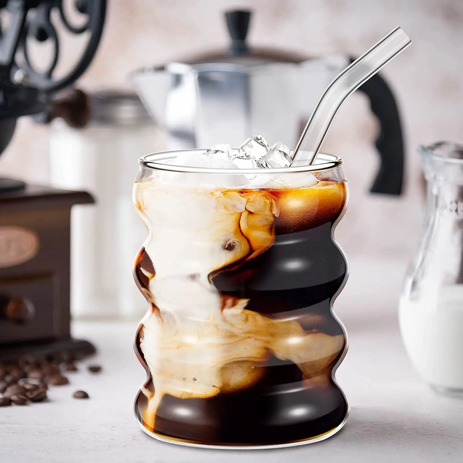 Single Spiral Layer Corrugated Creative Beverage Tumble Glassware High Borosilicate Caterpillar Glass Cup Set