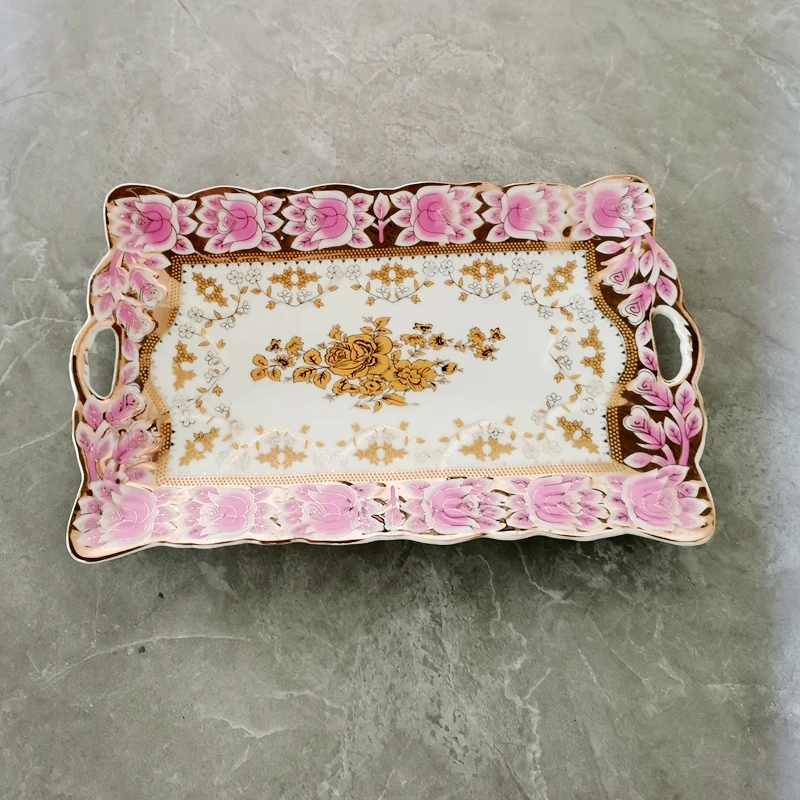 Creative Golden Pink Rose 13-inch Bread Rectangular  Ceramic Plate