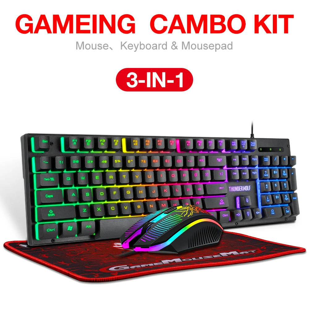 3 in 1 Mechanical Feeling Gaming Usb Wired Keyboards Gaming RGB Rainbow Keyboard And Mouse Combo