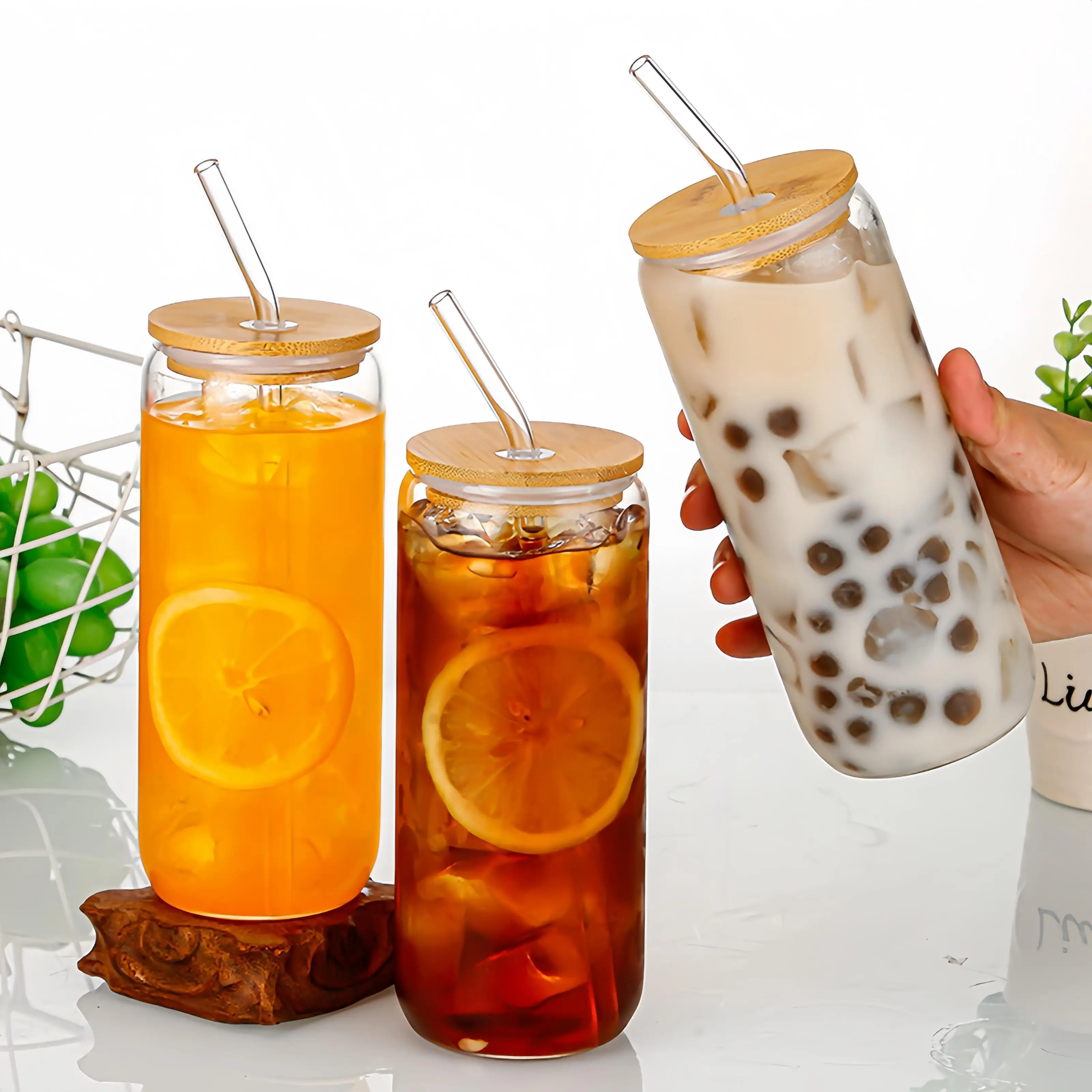 Coke Cup with Straw Bamboo Wood Lid Borosilicate Glass High Temperature coke Cups