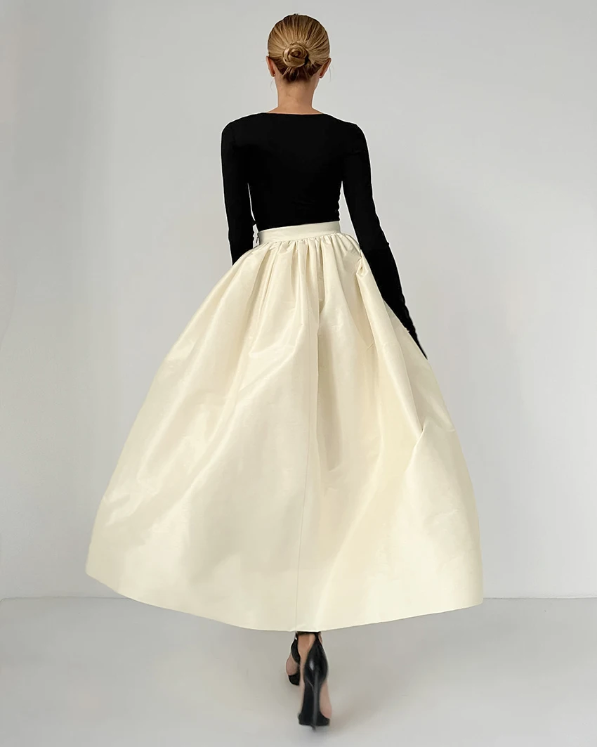 OOTN Autumn Pleated Long Skirt Female Vintage Chic Women Fashion White Party Midi Skirt Elegant Loose Green Skirts