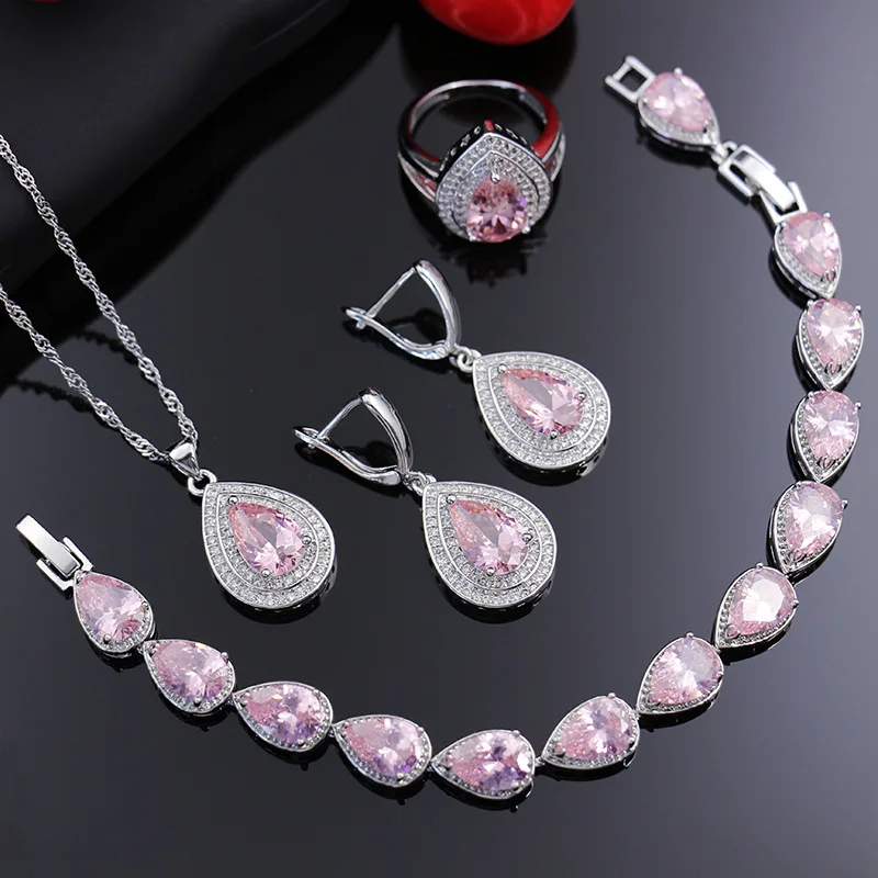 4pcs Luxury Pink Pear Shape CZ Jewelry Set Necklace Earring Bracelet Ring Set for Women Wedding Bridal Jewelry