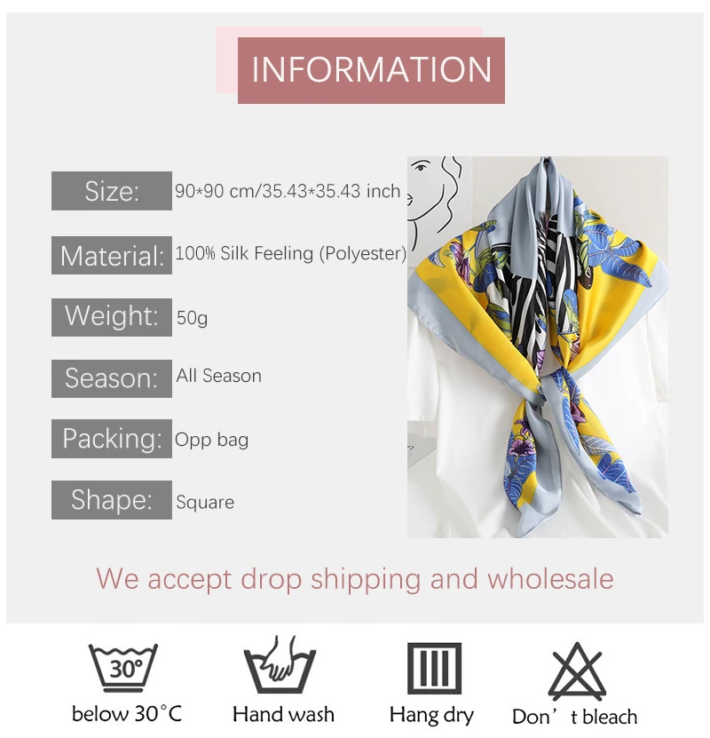 2021 new 90*90cm Summer Women Silk Scarves Square Scarf Ladies Luxury Brand beach soft Shawl Bandanna Large Hijab muffler