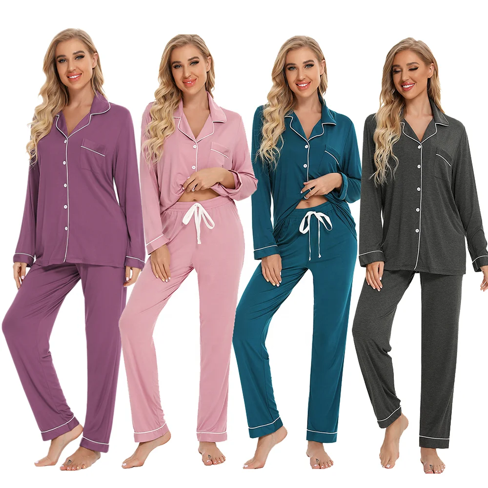 Custom logo high quality women modal drawstring pajamas solid color ladies cotton long sleeve sleepwear 2pcs set for ladies