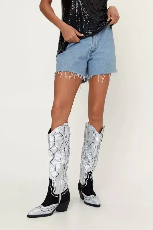 Women Crystal Boots Knee High Strange Style Knee High Boots For Women Pointed Toe Slip On Womens R iding Boots 44