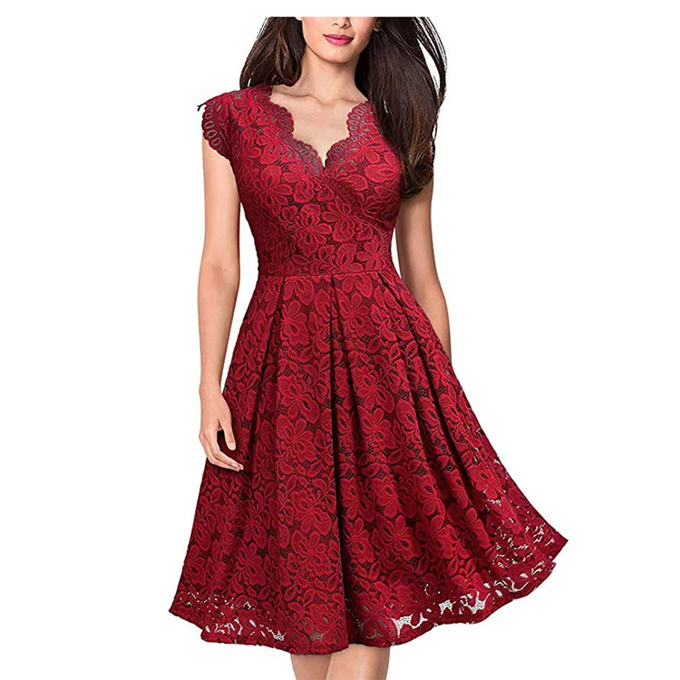 Hot Selling Elegant Casual Dresses Women Clothing Party Bridesmaid Dress Vintage V-neck Plus Size Lace Evening Dress
