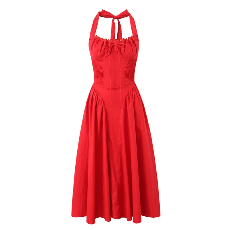 TAOP&ZA resort style sexy halterneck dress 2024 summer new style red huabai stitching long skirt suspender skirt for women