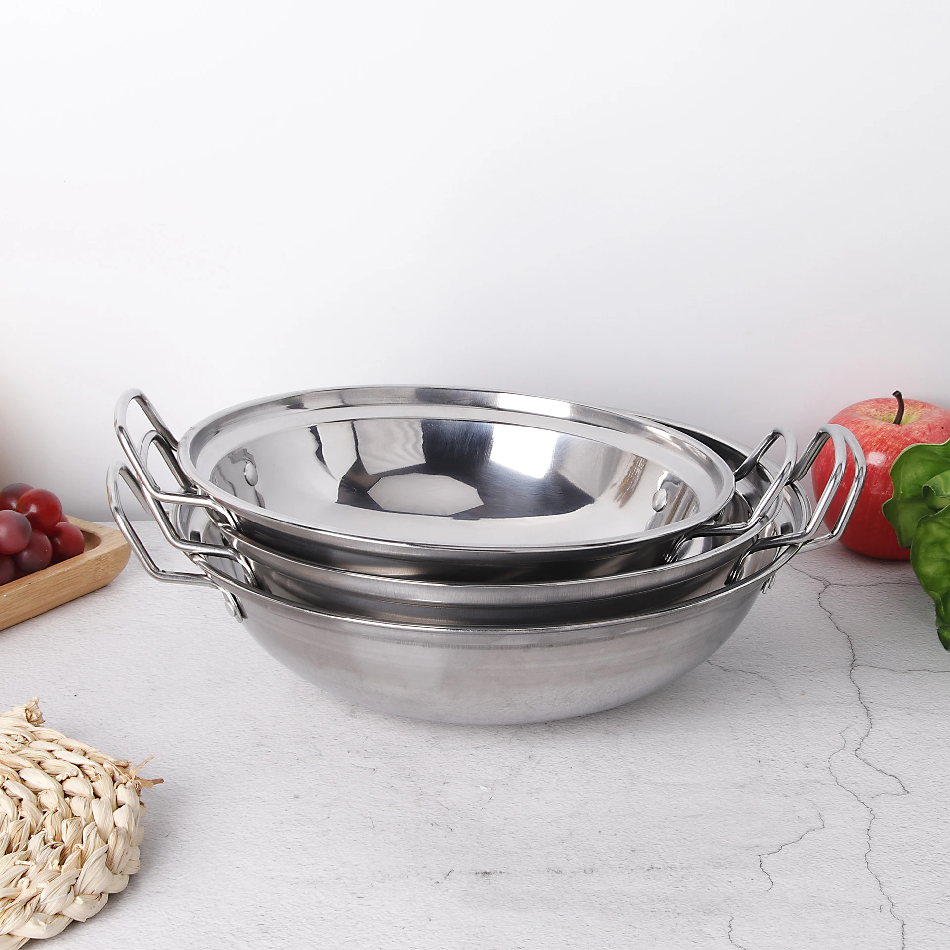 Chinese Hot Pot Set Stainless Steel Frying Pan With Lid Kitchen Cookware Double Handle Fry Pan
