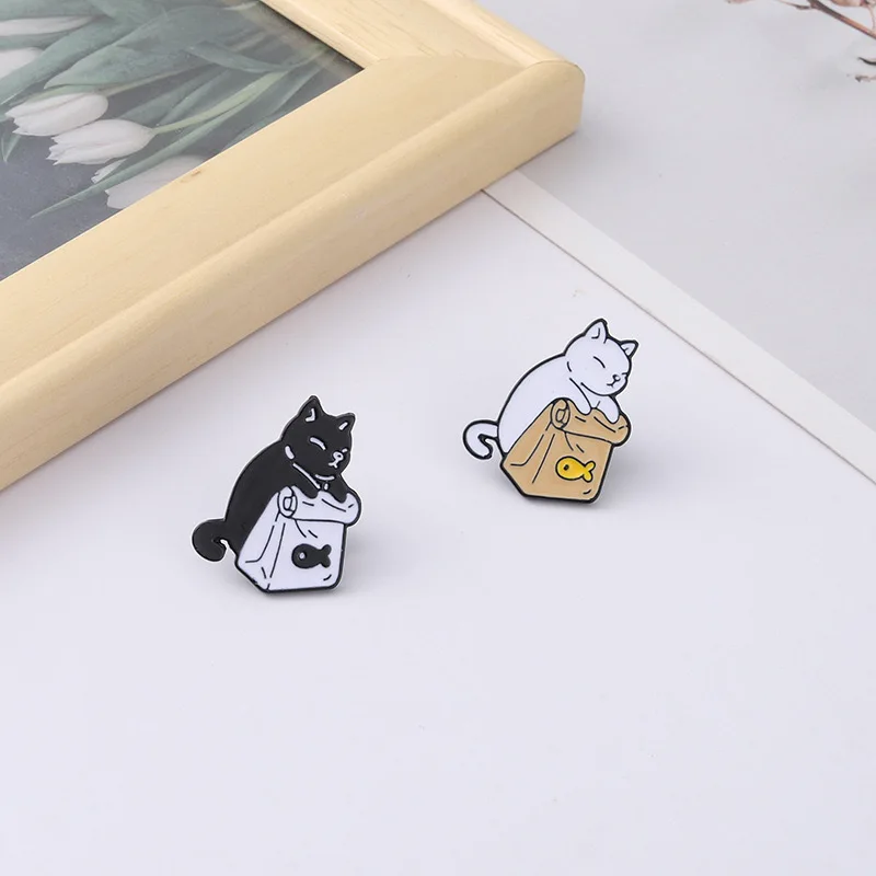 Cartoon Kitten Fish Enamel Pins Black White Cats with Dried Fish Brooches Funny Custom Print for Hats Backpacks Clothes Lapel